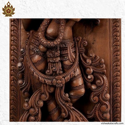 Teakwood Krishna Panel Flute Pose Hand-Carved