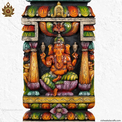 Ganesha Wall Panel Temple Gopuram Style Wood Carved