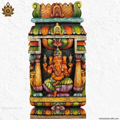 Ganesha Wall Panel Temple Gopuram Style Wood Carved