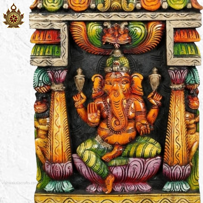 Ganesha Wall Panel Temple Gopuram Style Wood Carved