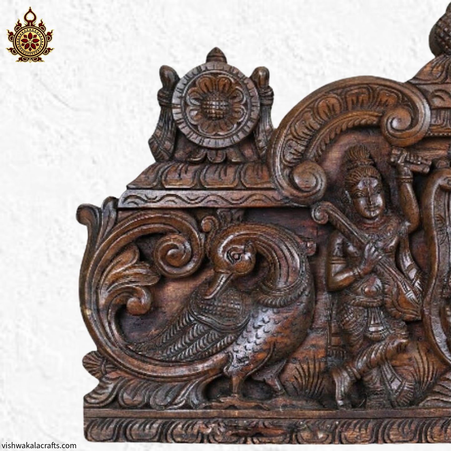 Handcrafted Wooden Resting Vishnu Temple Gopuram Wall Panel