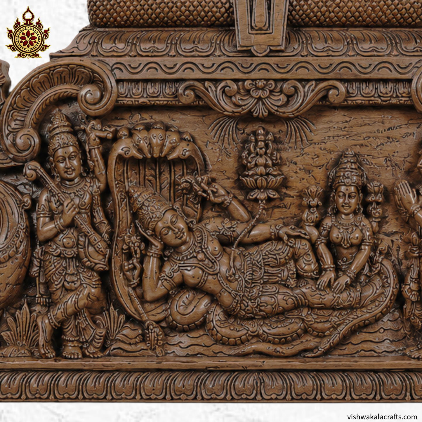 Handcrafted Wooden Resting Vishnu Temple Gopuram Wall Panel