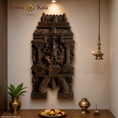 Handcrafted Wooden Kavadi Ganesha Gopuram Wall Panel