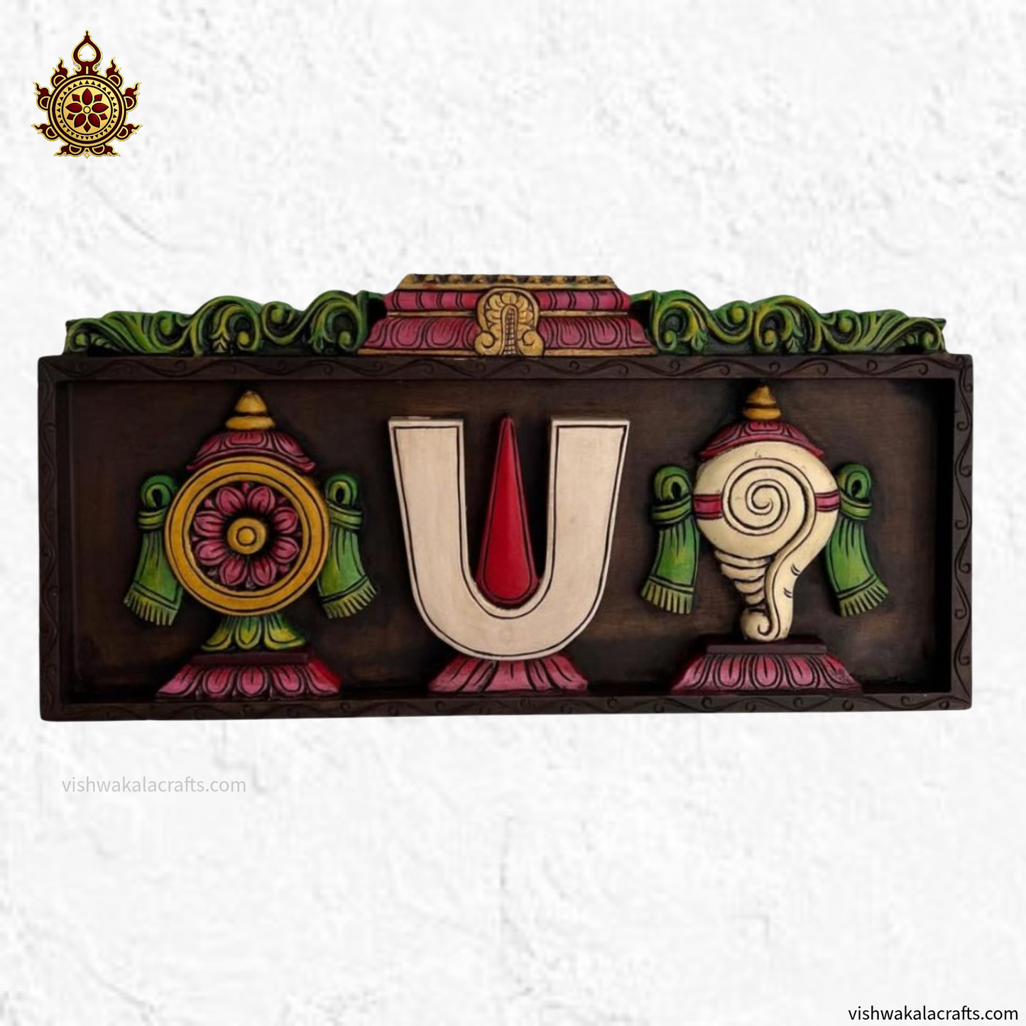 Gopuram-style (Venkateshwara) Balaji Namam Sangu Chakram Wooden Wall panel