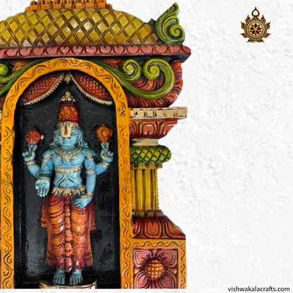 Handcrafted Lord (Sri Venkateswara Swamy) Balaji Gopuram Style Wooden Wall Panel – Traditional Temple Art Decor