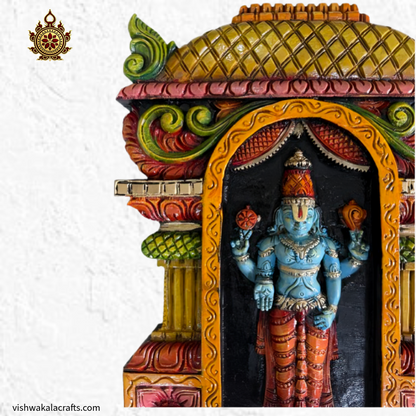 Handcrafted Lord (Sri Venkateswara Swamy) Balaji Gopuram Style Wooden Wall Panel – Traditional Temple Art Decor