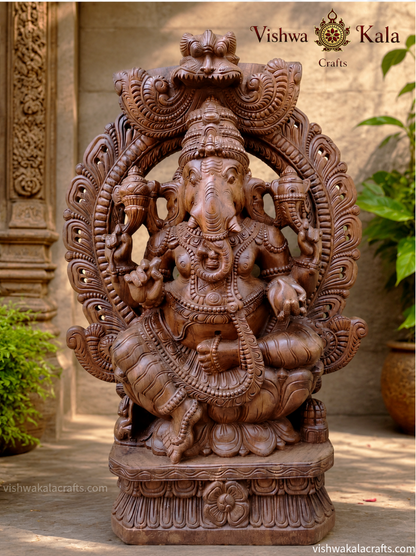 Handcrafted Wooden Lord Ganesha Idol with Ornate Arch (5 feet)
