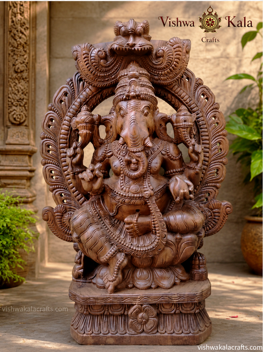 Handcrafted Wooden Lord Ganesha Idol with Ornate Arch (5 feet)