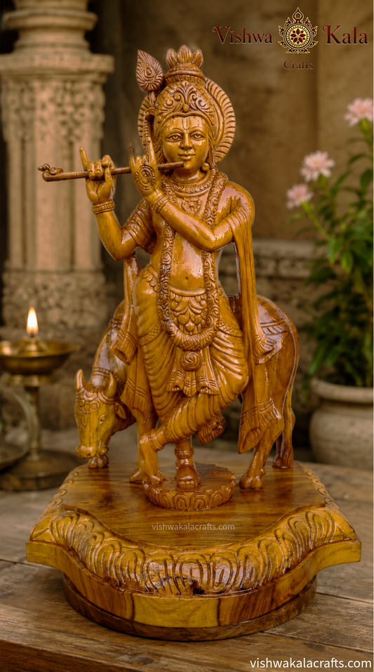 Handcrafted Wooden Lord Krishna with Cow Sculpture (2.5 feet)