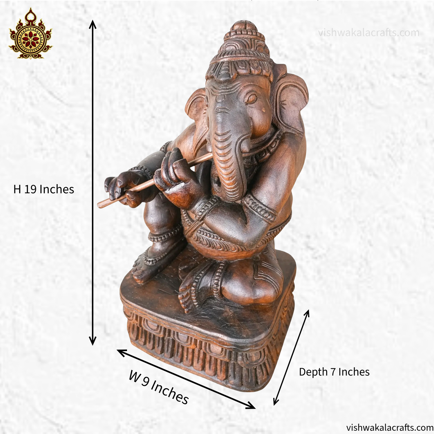 Wooden Handcrafted Flute Playing Ganesha Statue 19''