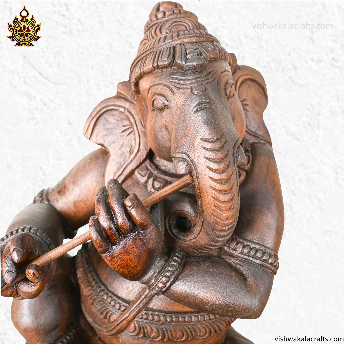 Wooden Handcrafted Flute Playing Ganesha Statue 19''