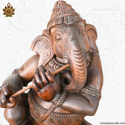 Wooden Handcrafted Flute Playing Ganesha Statue 19''