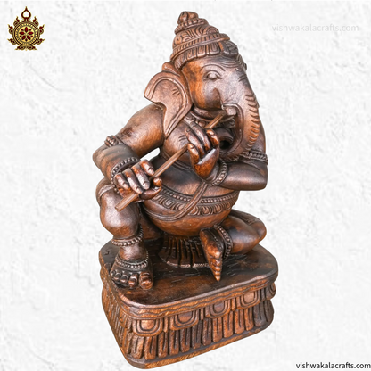 Wooden Handcrafted Flute Playing Ganesha Statue 19''