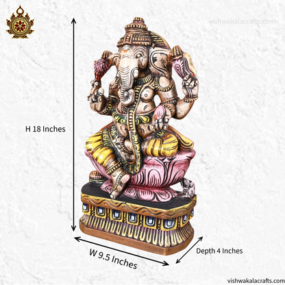 Decorative Wooden Ganesh Idol Hand Painted Finish 18''