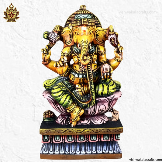 Traditional Antique Finish - Handcrafted Wooden Lord Ganesha Statue 18"