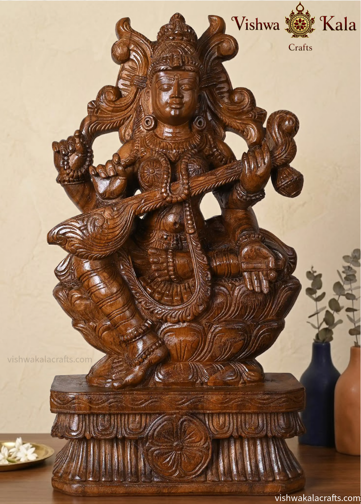 Wooden hand carved goddess Saraswati Idol with Veena 24"