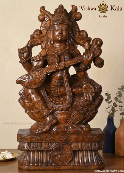 Wooden hand carved goddess Saraswati Idol with Veena 24"