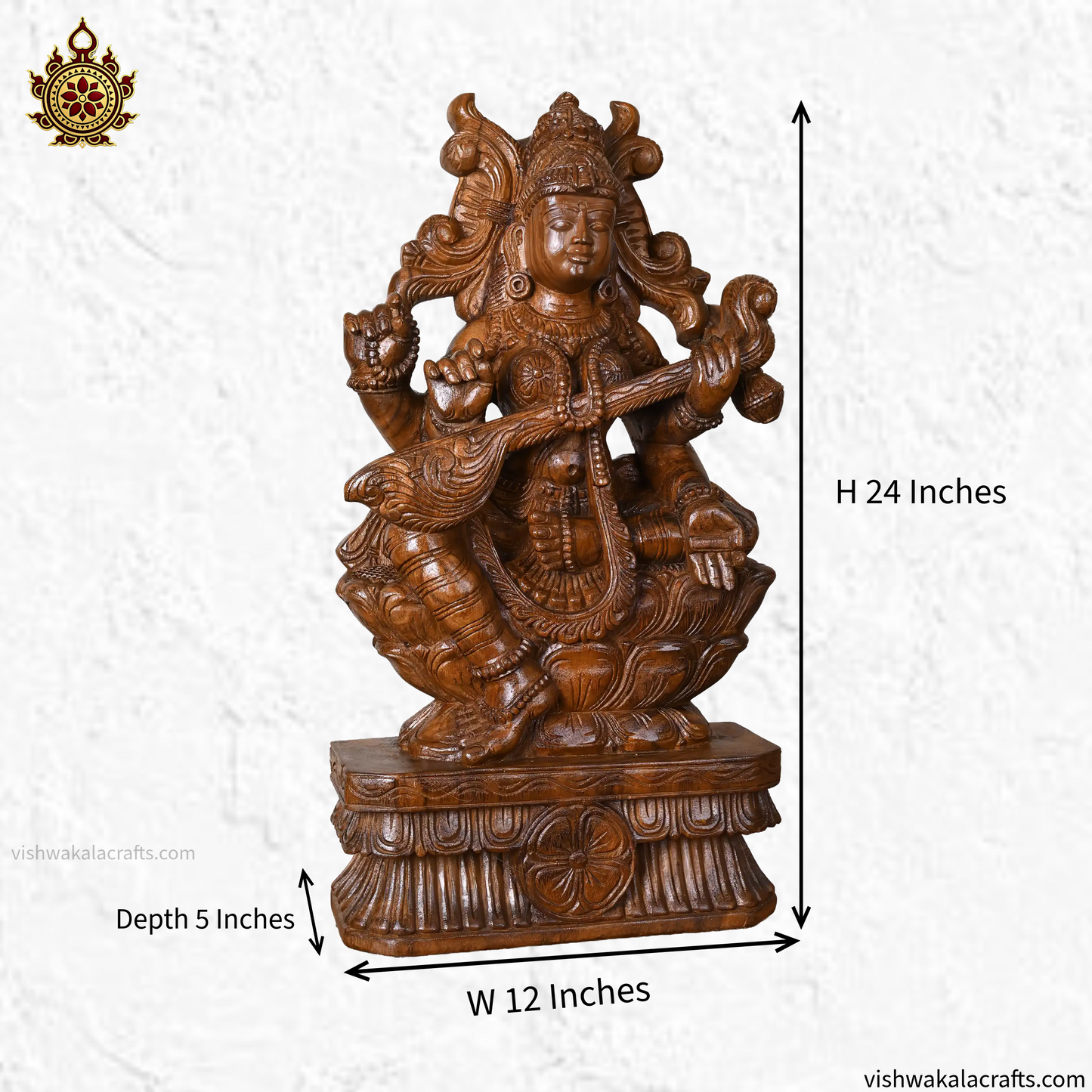 Wooden hand carved goddess Saraswati Idol with Veena 24"