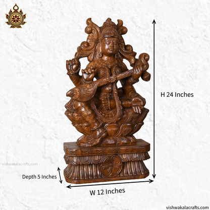 Wooden hand carved goddess Saraswati Idol with Veena 24"