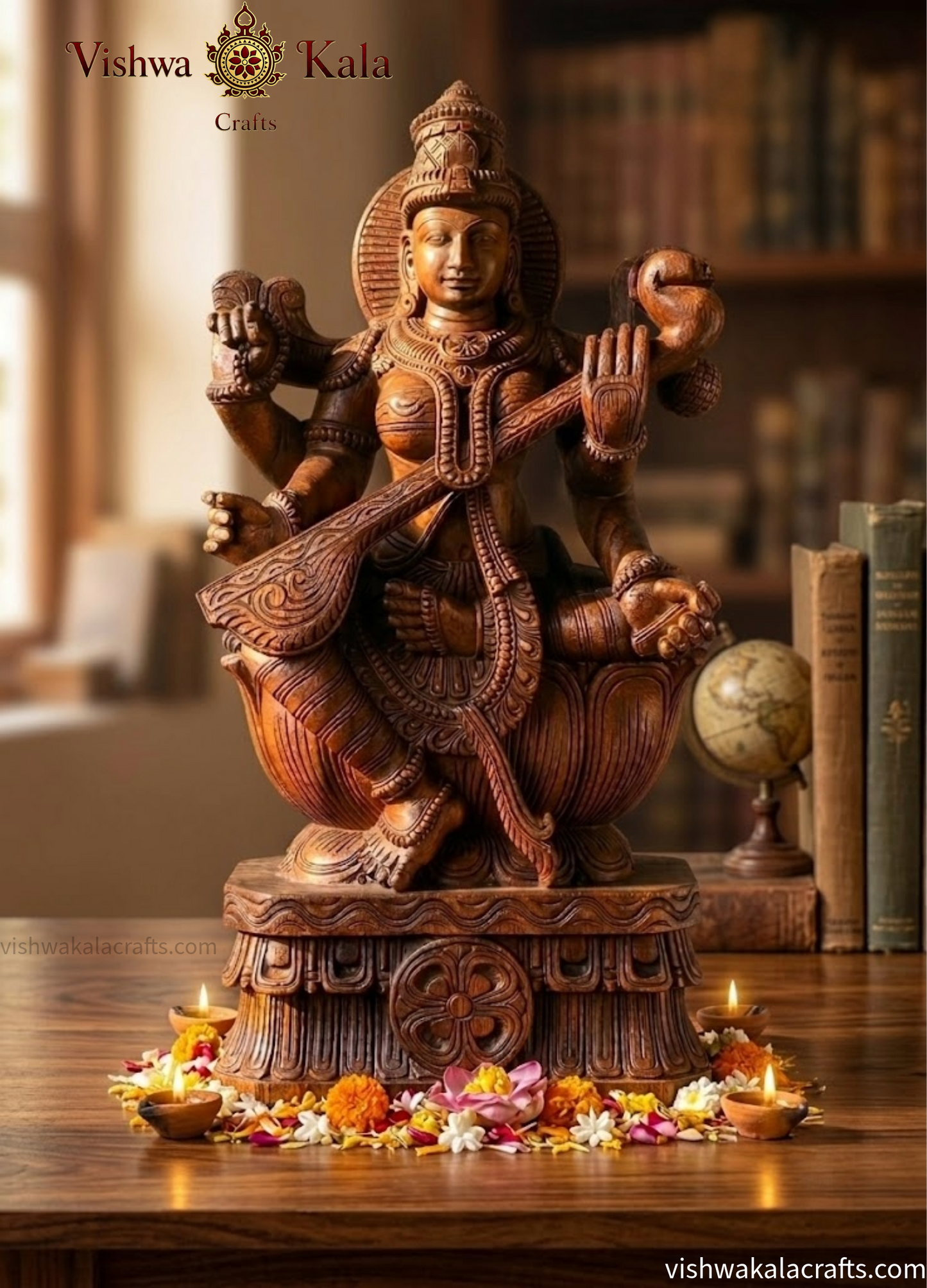 Goddess Saraswathi Wooden Handcarved statue 24"