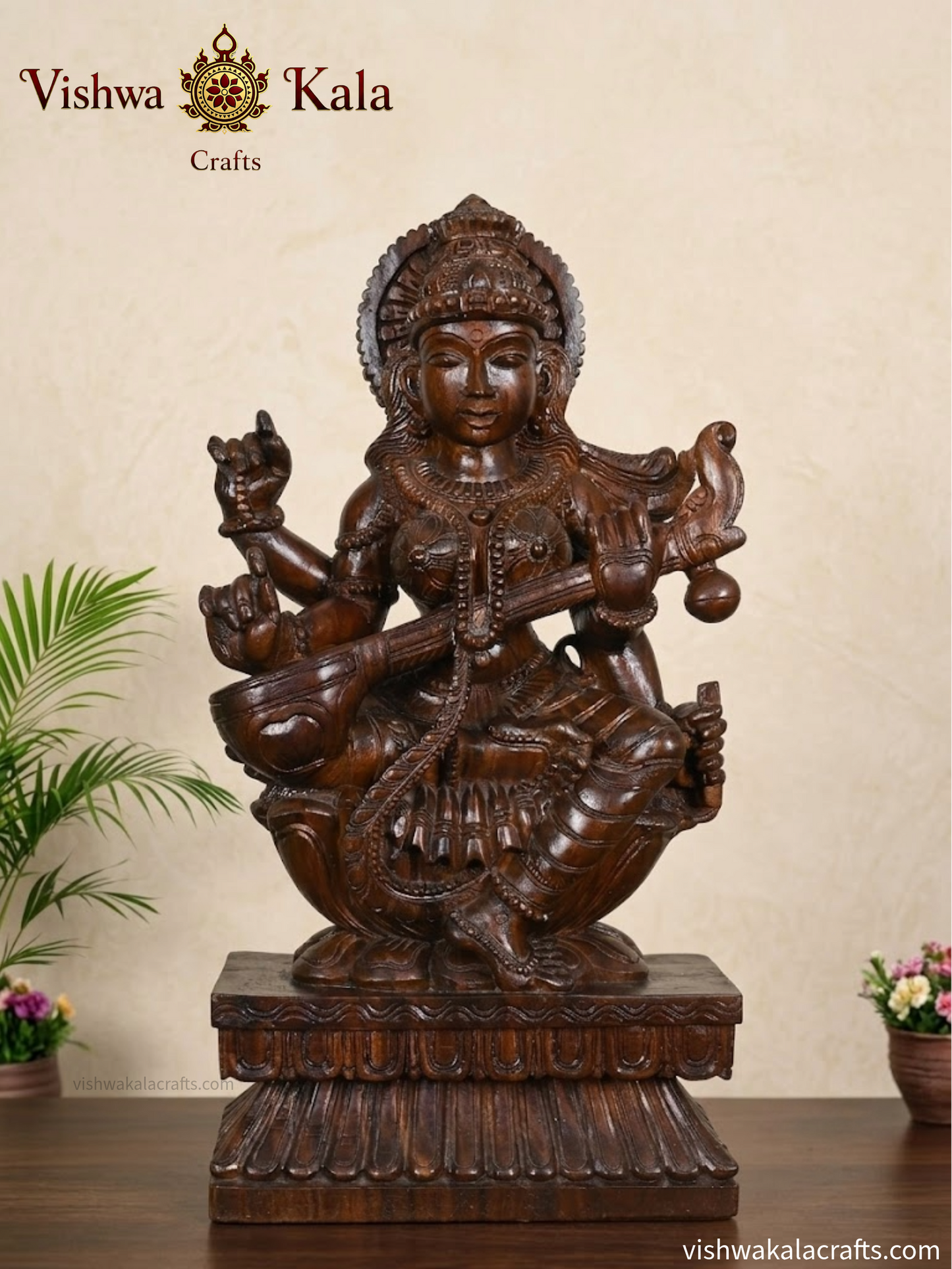 Saraswati Devi Wooden Handcarved statue-23"