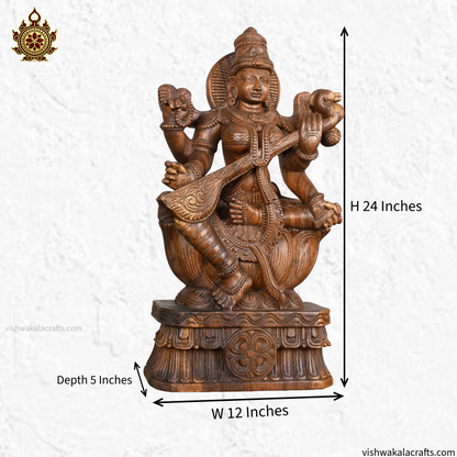 Goddess Saraswati Devi Playing Veena Handcarved statue 2 Ft