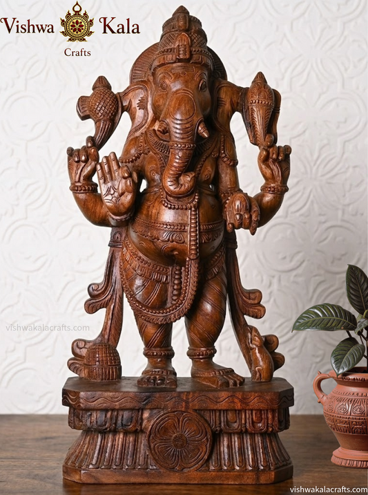 Handcrafted Wooden Ganesha Statue Intricately Carved Standing Lord Ganesha (30 Inches)