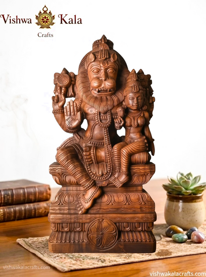 Handcrafted Wooden Lord Narasimha with Goddess Lakshmi Devi Sculpture (35 Inches)