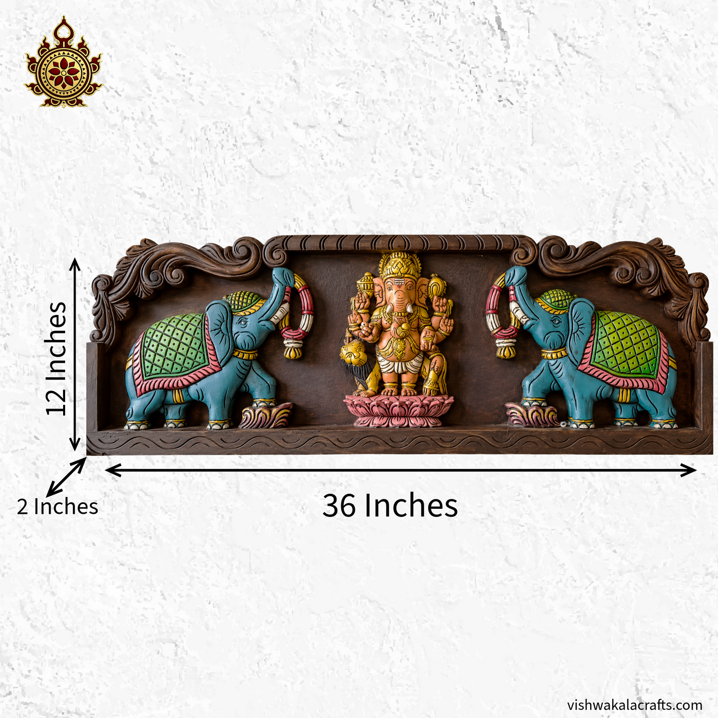 Ganesha With Lion and Double Elephant 36" Wall panel