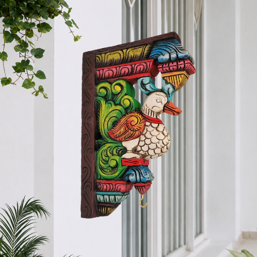 Annam wood carving wall bracket corbel traditional chettinad handicrafts white (12x8x2) Inches (Single)