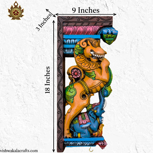 Yali / Yazhi with Blue Elephant Wall Bracket-Corbel Dark Orange Yali wood carving (18x9x3) Inches (Single)