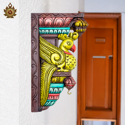 Parrot wood carving wall bracket corbel mahogany wood traditional chettinad handicrafts Bright yellow green (15x7.5x3) Inche (Single)