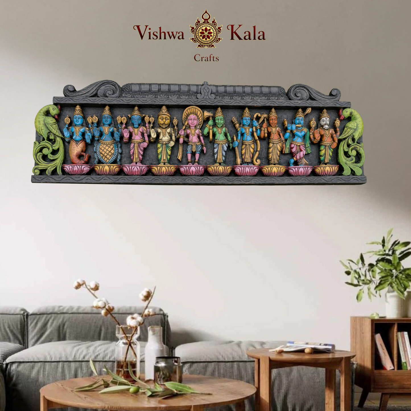 Dasavatharam Wood Carving Wall Panel 36" Vagai Wood