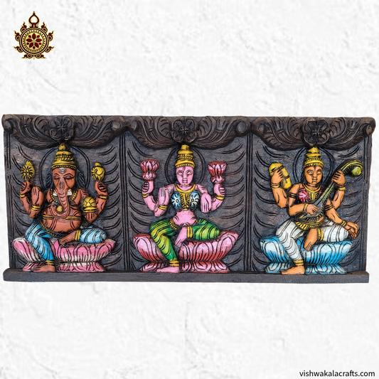 Lakshmi ganesha saraswathy wooden wall panel 24 Inches