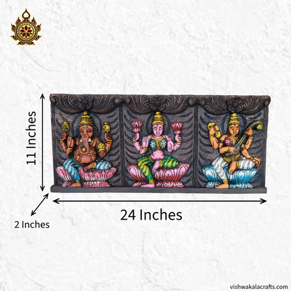 Lakshmi ganesha saraswathy wooden wall panel 24 Inches