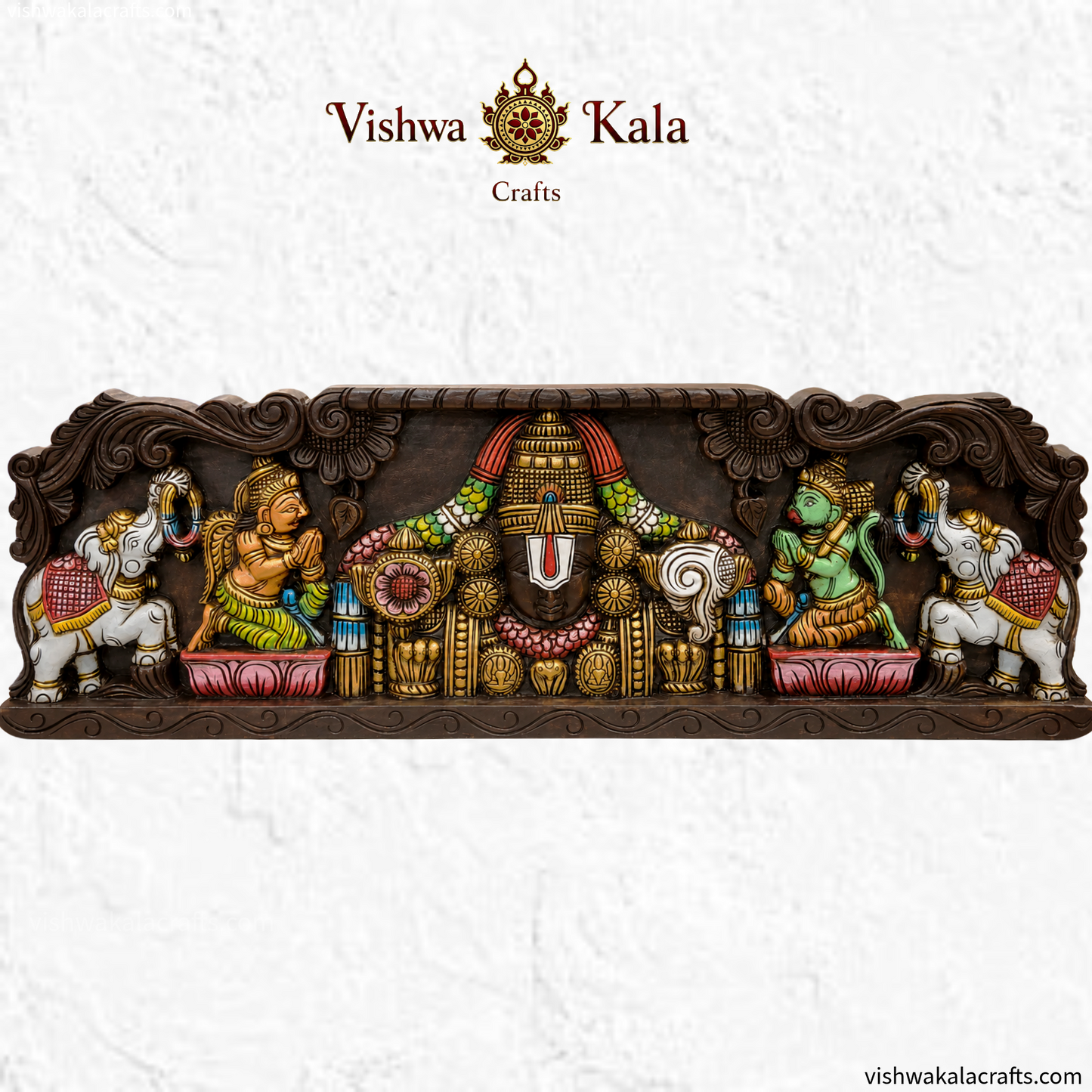 Lord Balaji With Garudan & Hanuman Wooden Wall Panel