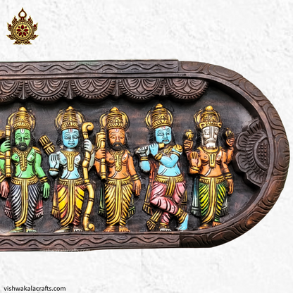 Dasavatharam multicolour Handcarved wooden wall panel – Traditional Hindu Art Decor