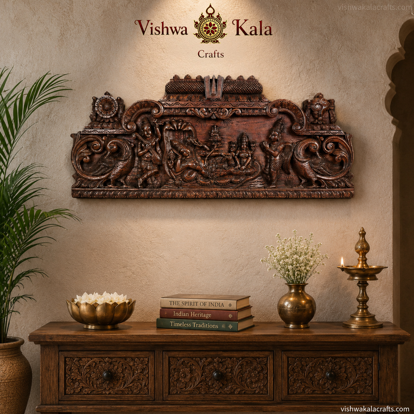Handcrafted Wooden Resting Vishnu Temple Gopuram Wall Panel