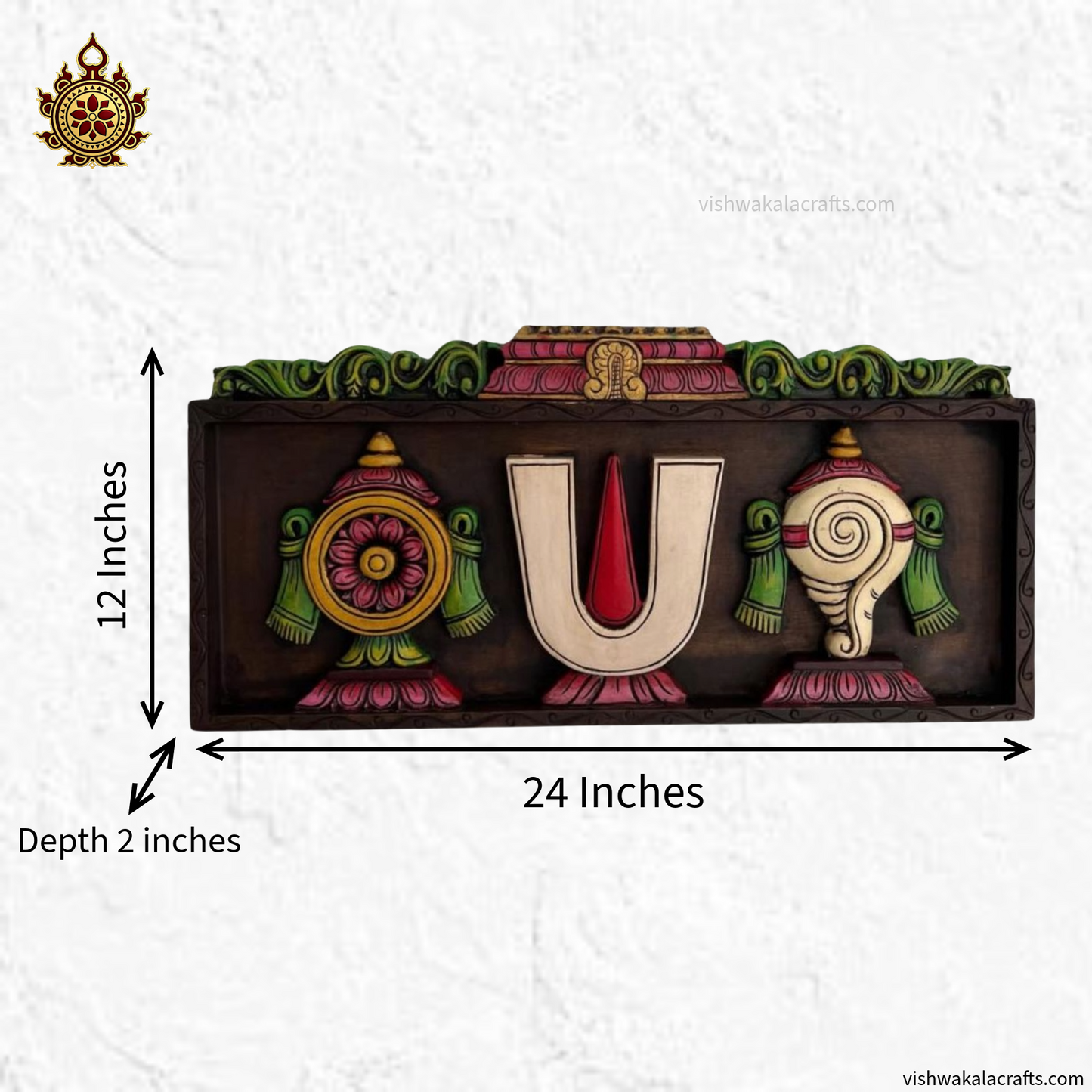 Gopuram-style (Venkateshwara) Balaji Namam Sangu Chakram Wooden Wall panel