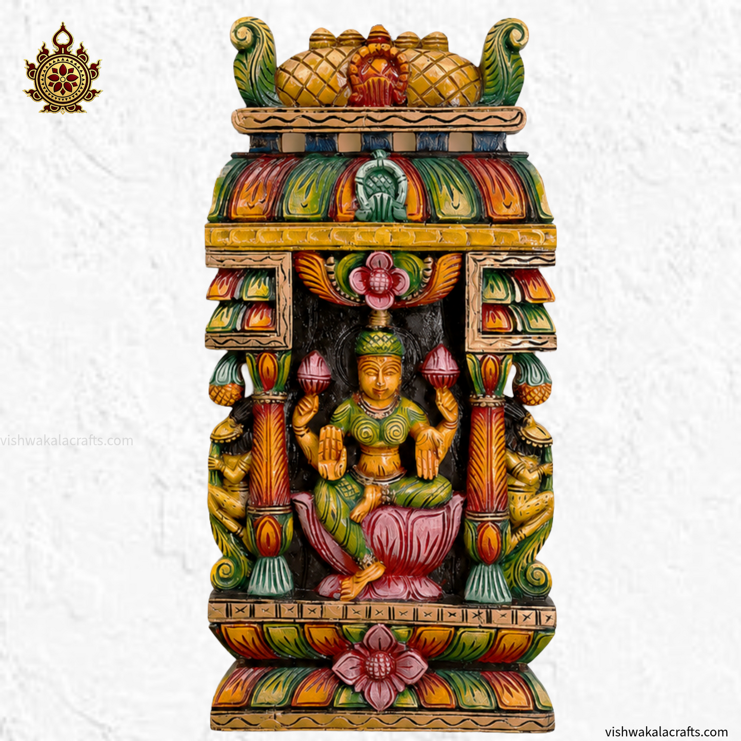 Handcrafted Wooden Lakshmi Wall Panel – Multi-Color Traditional Temple Art Gopuram-Style