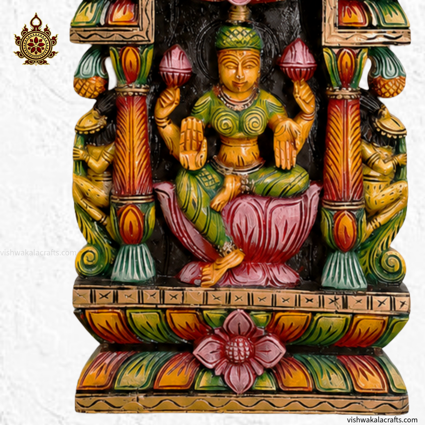 Handcrafted Wooden Lakshmi Wall Panel – Multi-Color Traditional Temple Art Gopuram-Style