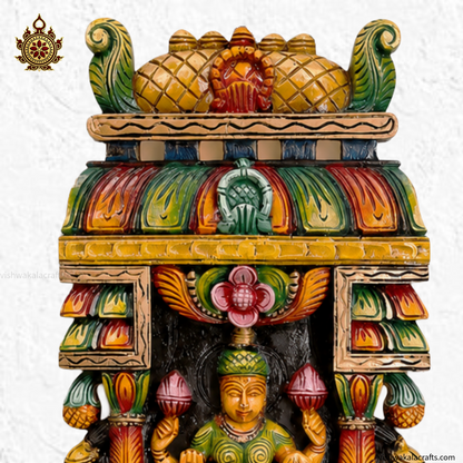 Handcrafted Wooden Lakshmi Wall Panel – Multi-Color Traditional Temple Art Gopuram-Style