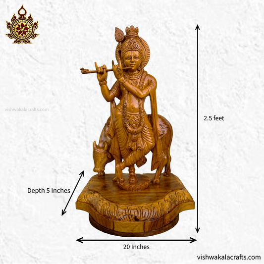 Handcrafted Wooden Lord Krishna with Cow Sculpture (2.5 feet)