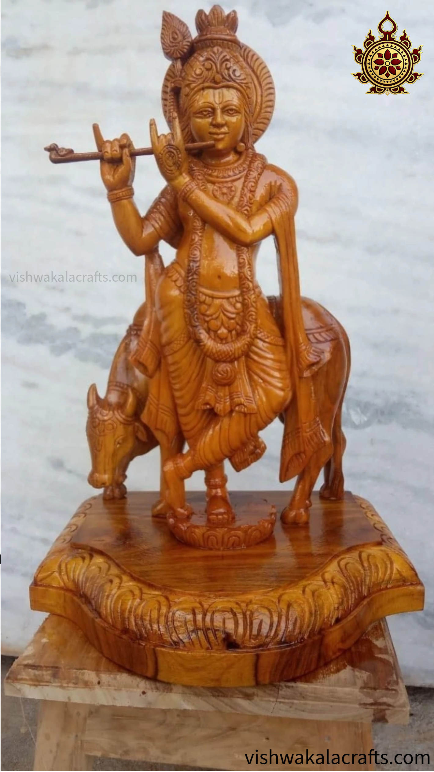 Handcrafted Wooden Lord Krishna with Cow Sculpture (2.5 feet)