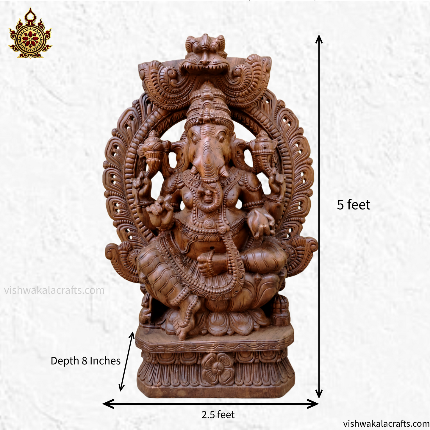 Handcrafted Wooden Lord Ganesha Idol with Ornate Arch (5 feet)
