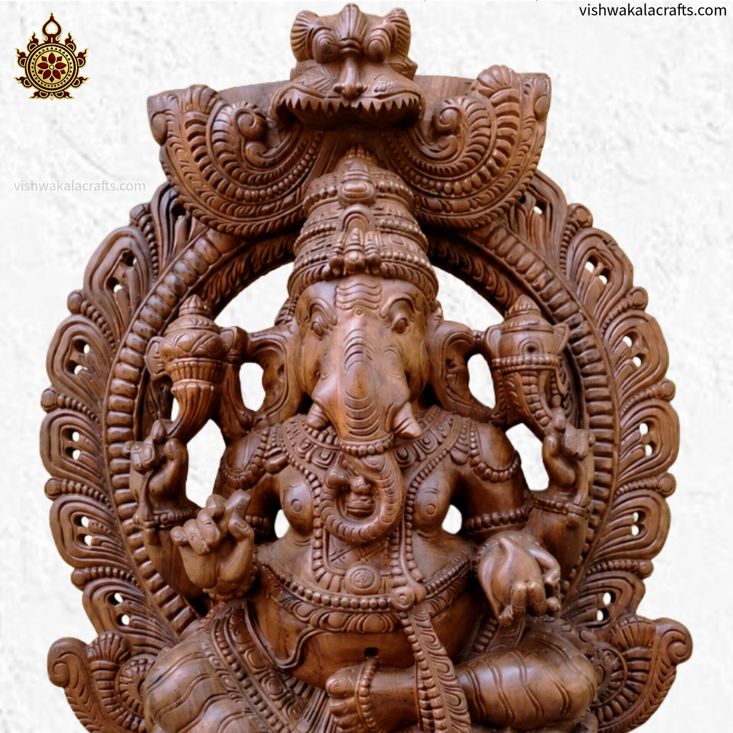 Handcrafted Wooden Lord Ganesha Idol with Ornate Arch (5 feet)