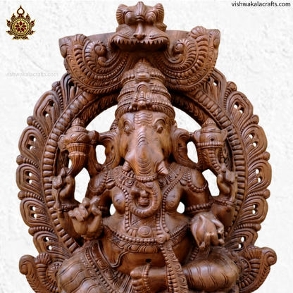 Handcrafted Wooden Lord Ganesha Idol with Ornate Arch (5 feet)