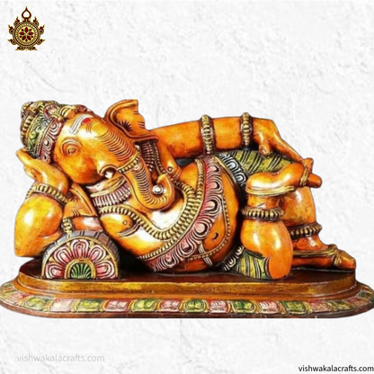 Reclining Ganesha Wooden Idol Handcrafted