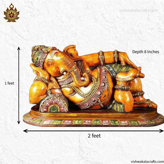Reclining Ganesha Wooden Idol Handcrafted