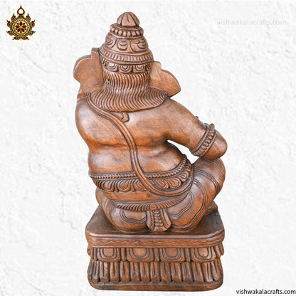 Wooden Handcrafted Flute Playing Ganesha Statue 19''